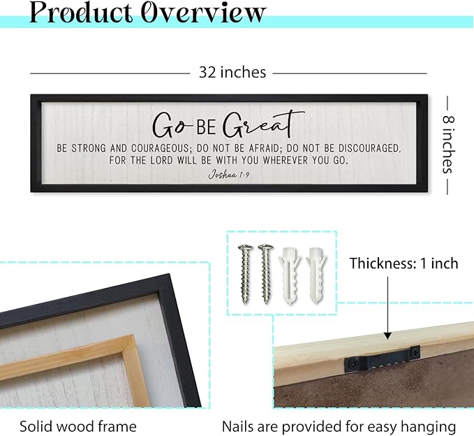 ZZJJHYWGQ Bible Verse Wall Decor Joshua 1:9 Sign 32"×8" Scripture Go Be Great Inspirational Quotes Rustic Christian Plaque Wood Framed Faith Farmhouse Catholic Living Room Wall Art Hanging (Black)