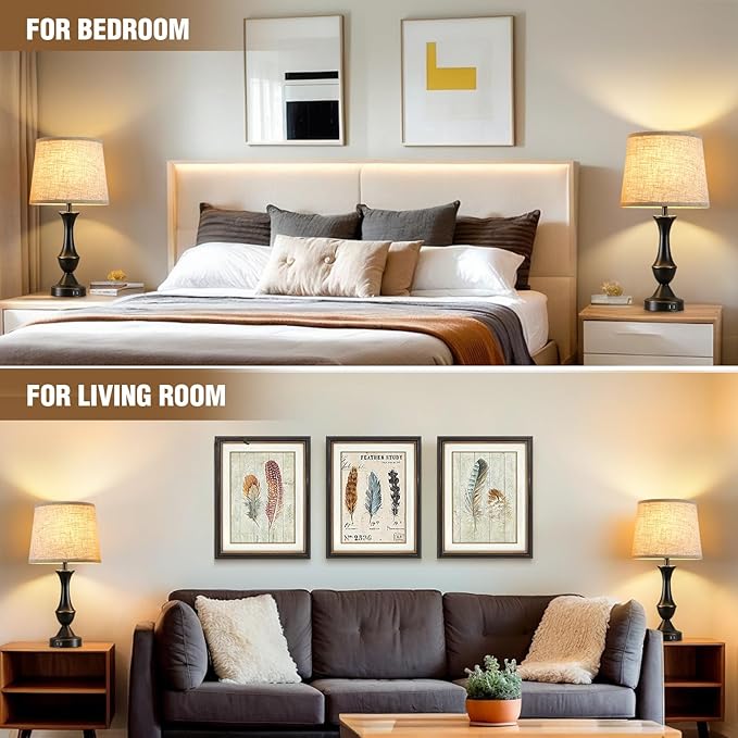 Upgraded Touch Table Lamps Set of 2, 22" Tall Bedside Lamps with USB C+A Ports, 3 Way Dimmable Nightstand Lamps for Bedroom, Living Room, Office, Black Lamp with Beige Lampshade, Bulb Included