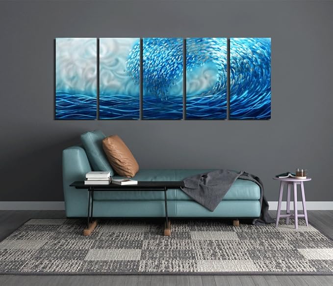 Yihui Arts Hand Crafted Blue Sea Wave 3D Metal Wall Art - Coastal 5 Panel Aluminum Sculpture for Big Abstract Office, Hallway, Fireplace, and Home Decor