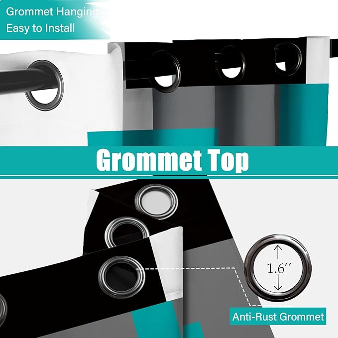 Teal/Turquoise 100% Blackout Curtains 45 inch Length 2 Panels Set Black White Grey Modern Abstract Geometric Drapes for Kitchen Curtains Insulated Room Darkening Small Window Curtains, 42Wx45L