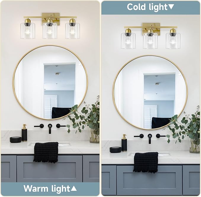 3 Light Gold Bathroom Light Fixtures, Modern Bathroom Vanity Lights with Clear Glass, Gold Vanity Mirror with Lights for Mirror Living Room Bedroom Hallway E26 Base