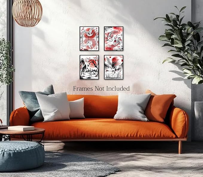 Japanese Wall Art Prints,Japanese Ink Art,Nature Watercolour Art Koi Landscape Canvas Painting Black and Red Posters Prints Pictures for Living Room Home Decor Set of 4("8x10"Unframed)