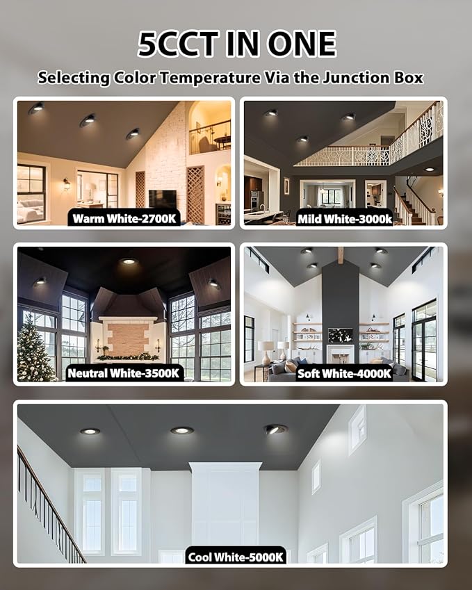 Adetu Recessed Lighting 6 inch, 360°+90° Adjustable Directional 6 inch 5CCT Gimbal Black Led Recessed Lighting, 2700K-5000K Dimmable Retrofit Eyeball Can Recessed Lights with Jbox, ET(Black-12 Pack)