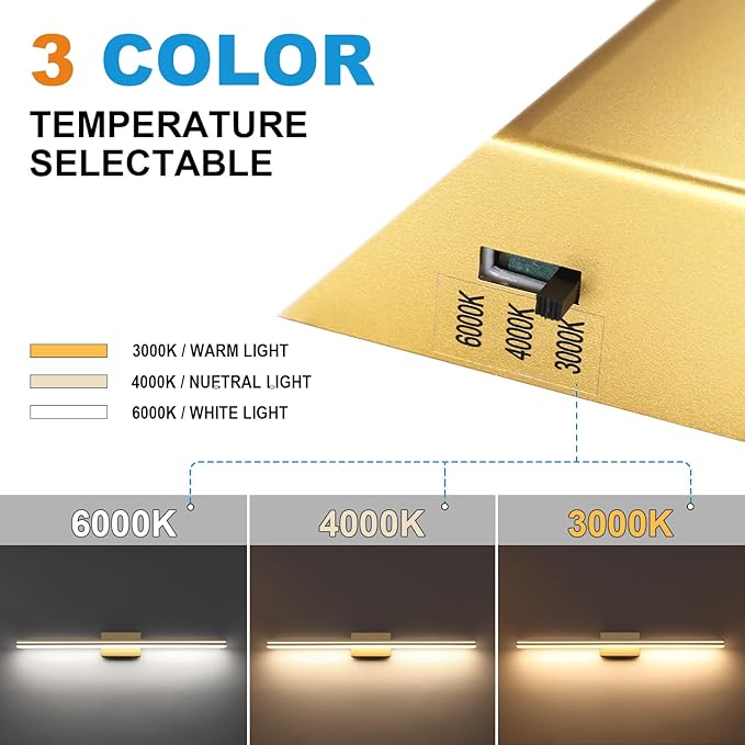 SineRise LED Modern Bathroom Vanity Light Fixtures (40-Inch, 3000K/4000K/6000K, Dimmable), Gold Modern Acrylic Bathroom Wall Lighting Fixtures Over Mirror