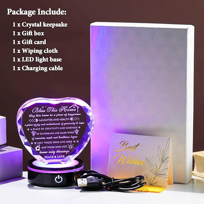 YWHL House Warming Gifts New Home Housewarming Gifts for Women Men Crystal Heart Keepsake with LED Base Home Warming Gift Couple Presents House Blessing Warming Gift New Apartment