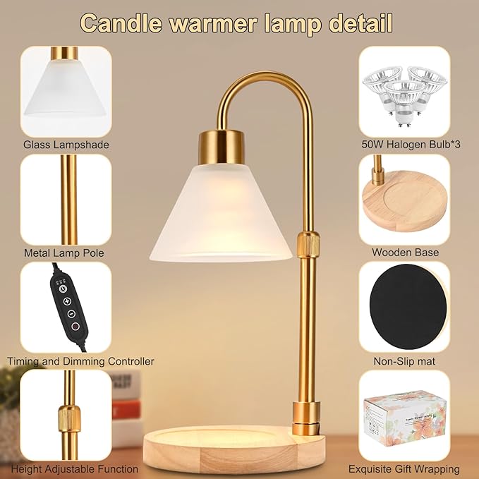 Candle Warmer Lamp with Timer & Dimmer, Adjustable Height Electric Candle Warmer with 3 Bulbs,Compatible with All Size Scented Candles, Wax Melt Warmer for Bedroom,Home Decor House Warming Gifts