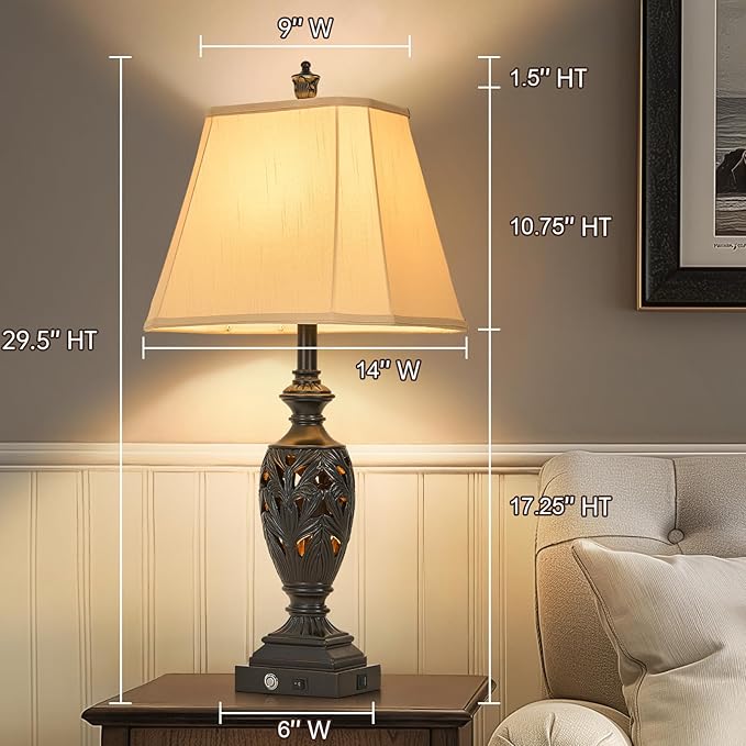 29.5" H Touch Traditional Table Lamp Set of 2,Vintage Bedside Nightstand Lamps with Dual USB and Night Light, 3-Color Hollow Out Leafwork Black Gold Finish Desk Lamps for Living Room,Bedroom