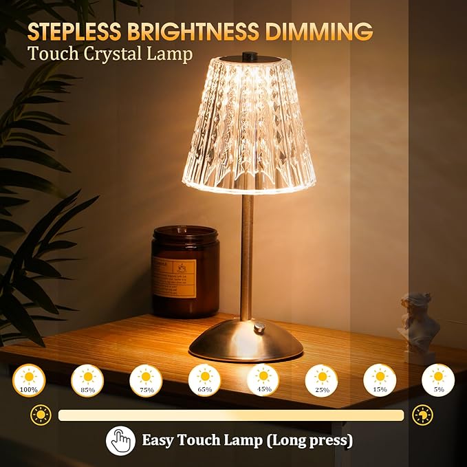 Cordless Touch Table Lamp, LED Rechargeable Small Dask Lamp, 3 Colors Dimmable Battery Operated Crysta Lamp for Bedroom Restaurant Kitchen Home Decor,Silver