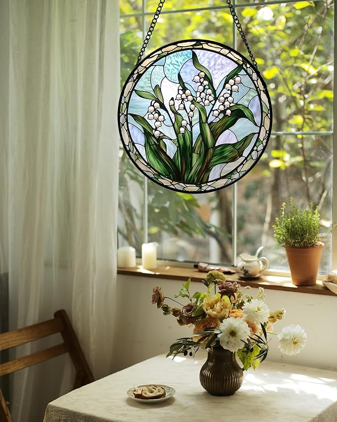 Stained Glass Window Hanging, White Green Lily of The Walley Flowers Sun Catcher for Door Home Decor Plants Suncatcher Christmas Mother's Day Birthday Gifts for Women Men Mom Nana 9.8 in