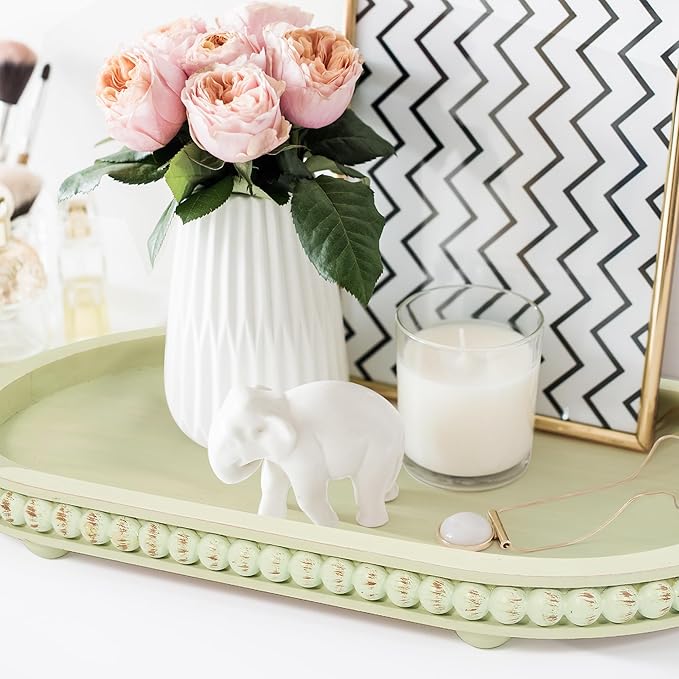 HPC Decor 15in Oval Tray for Home Decor - Green Wood Beaded Tray - Decorative Serving Tray,Rustic Farmhouse Wooden Trays for Vintage Centerpiece,Kitchen Counter,Living Room Decor,Coffee Table Decor.