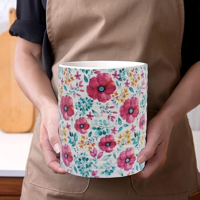 Kitchen Utensil Holder,7.2″Extra Large Stable Pattern Ceramic Utensil Crock,Utensil Organizer for Countertop,Kitchen Decor,Utensil Holder for Housewarming,Wedding Gift (Purple Red)