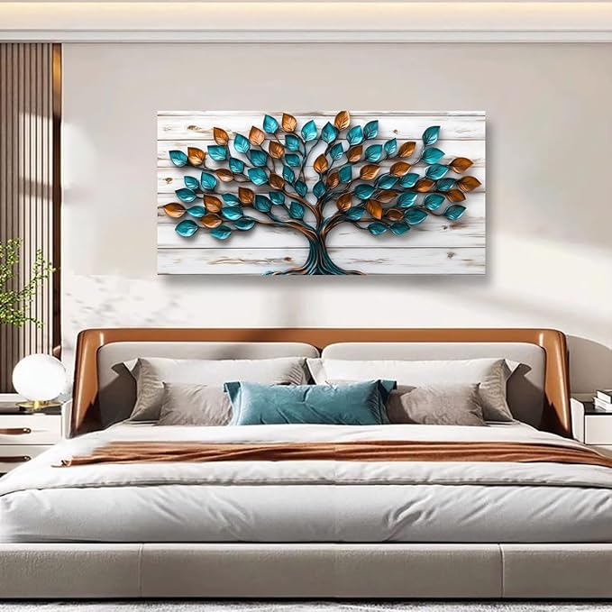 Tree of Life Teal Gold Tree Leaves Pictures Canvas Wall Art for Living Room Office Bedroom Abstract Wall DecorArt Print Paintings Modern Metal Tree Wood Plank Artwork Waterproof to Hang-20x40inch