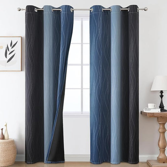 Estelar Textiler Navy Blue and Black Ombre Blackout Curtains 84 Inch Length 2 Panels Set, Full Room Darkening Grommet Curtains for Bedroom, Thermal Insulated Light Blocking Gradient Drapes, 42Wx84L