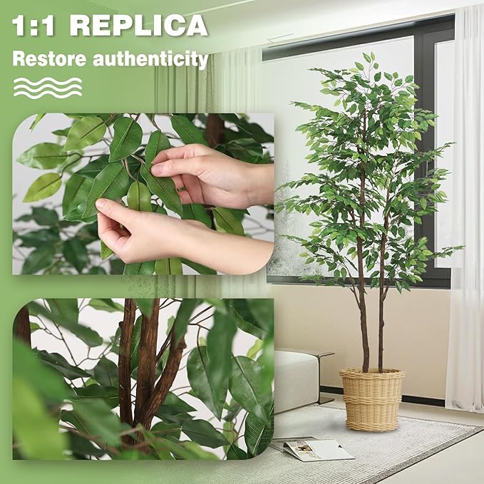 Artificial Ficus Tree 7ft(84in) Faux Floor Potted Tree for Indoor Decor Large Realistic Trees Plants with Silk Leaves and Natural Wood Trunk for Home Living Room,Office Foyer Decor.