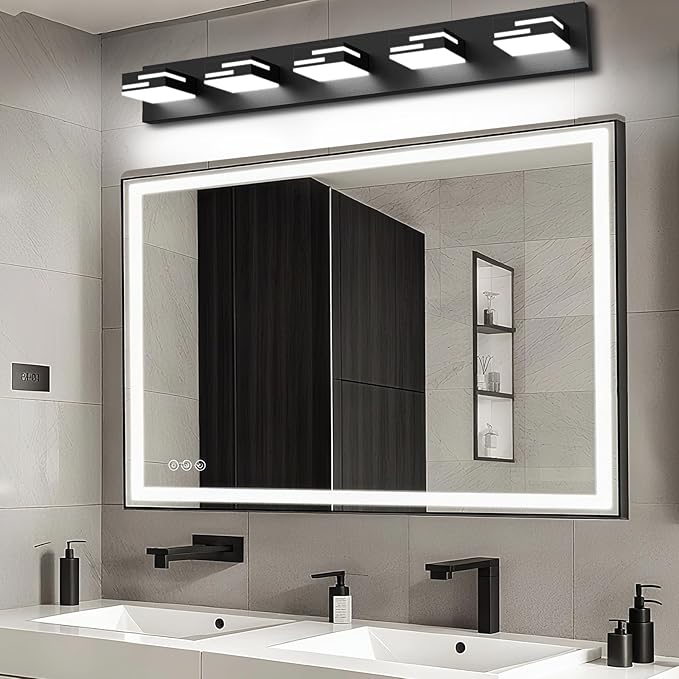 LED Modern Bathroom Vanity Light Fixtures, 5-Light 34-inch Dimmable Matte Black Vanity Lights for Bathroom Lighting Fixtures Over Mirror, with 350° Rotatable Acrylic Heads (Cool White 6000K)