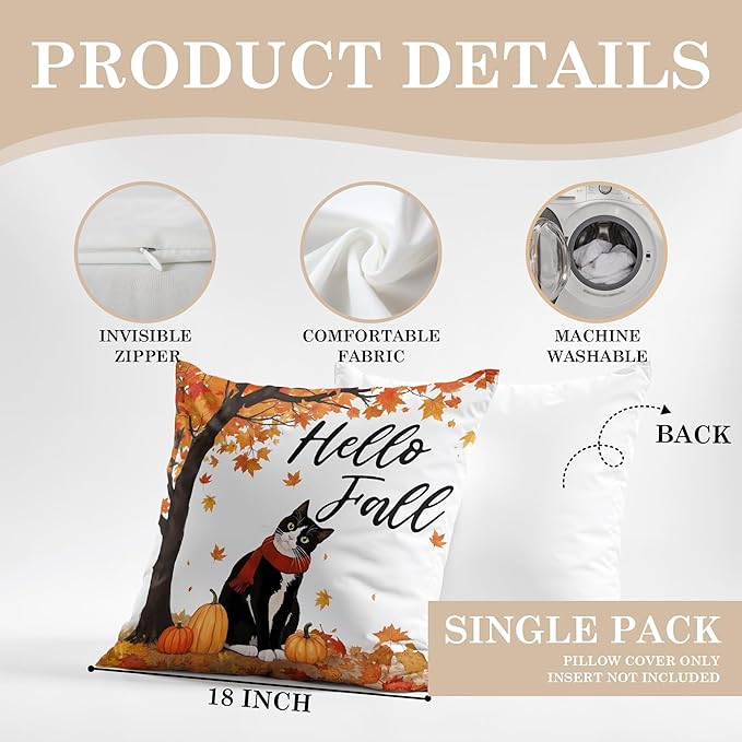 Fall Cat Pillow Covers 18x18, Cat Lover Gifts Home Room Decor, Fall Autumn Maple Leaves Pumpkin Cute Kitty Kitten Decorative Throw Pillow Covers for Home Bedroom Living Room