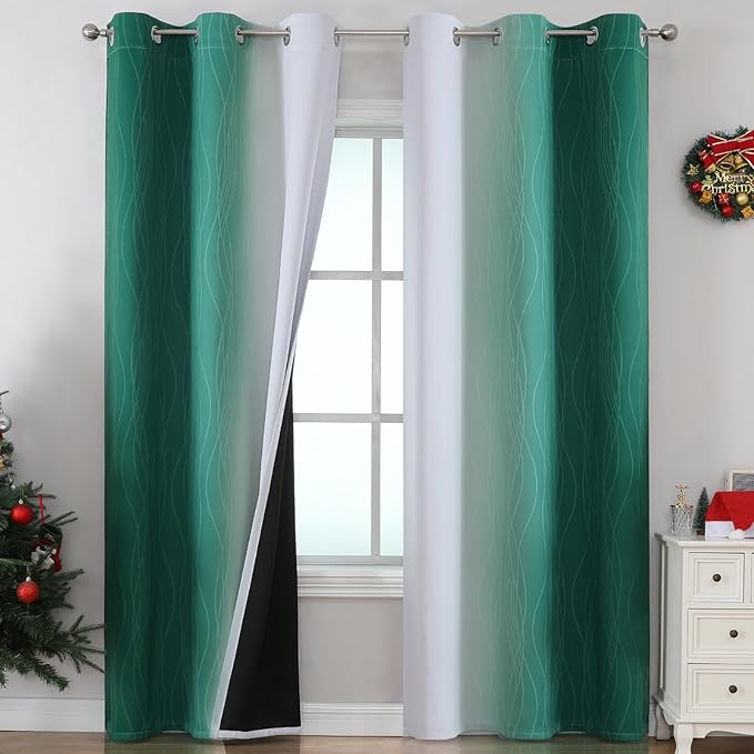 Estelar Textiler Green and Greyish White Blackout Curtains for Living Room, Thermal Insulated Ombre Blackout Drapes, Gradient Full Light Blocking Energy Saving Curtains for Bedroom, 42Wx84L, 2 Panels