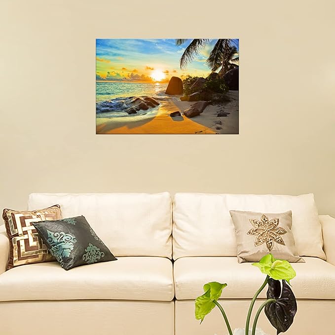 XXMWallArt FC1369 Canvas Wall Art Tropical Beach at Sunset Seascape Picture Paintings Artwork Prints Framed Ready to Hang for Home Office Bedroom Living Room Bathroom Kitchen Wall Decor