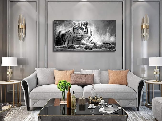 Yxbhhym Animal Black and White Tiger Canvas Wall Art Picture Tiger Painting Print Gallery Wrap Office Bathroom Living Room Decoration Modern Home Art Framed Wall Artโ 20X40inch