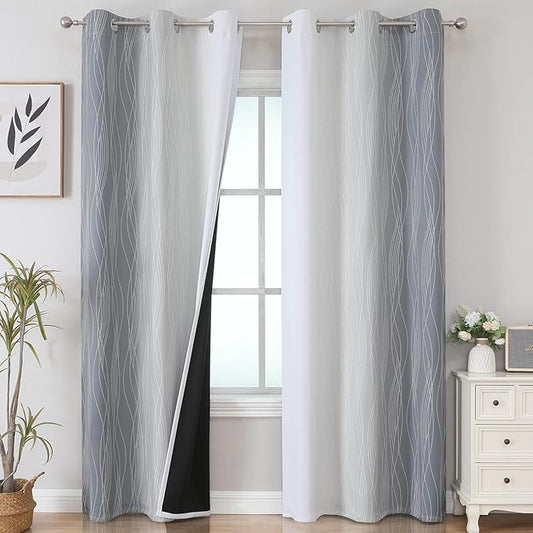 Estelar Textiler Full Room Darkening Greyish White and Grey Blackout Curtains 84 Inch Length 2 Panels Set, Ombre Thermal Insulated Full Light Blocking Grommet Gray Blackout Drapes for Bedroom, 42Wx84L