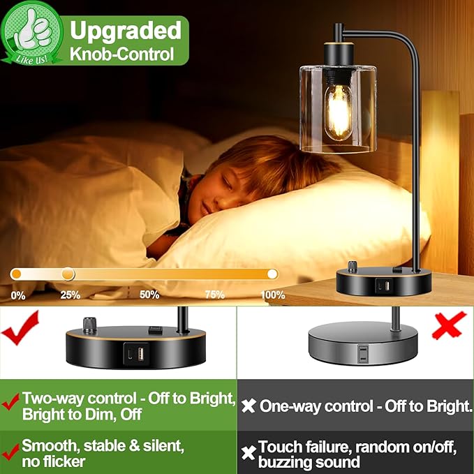 Set of 2 Black and Gold Industrial Table Lamps with USB Port, Fully Stepless Dimmable Bedside Lamps for bedrooms, Nightstand Desk Lamps with Clear Glass Shade for Reading Office 2 LED Bulb Included