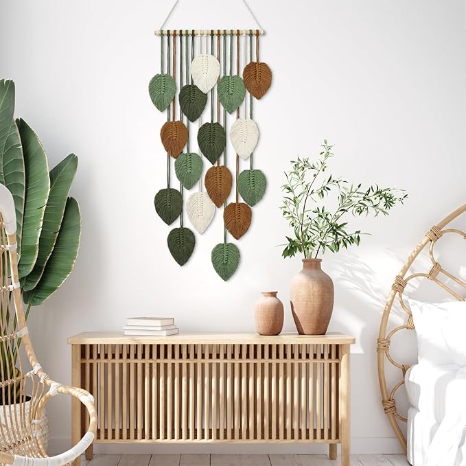 KHOYIME Vertical Macrame Wall Hanging Boho Home Decor, Long Narrow Chic Wall Art Bohemian Woven Leaves Tapestry Vintage Decorations for Front Door Indoor Entrance Living Room Bedroom 16.5"W x 37.5"L