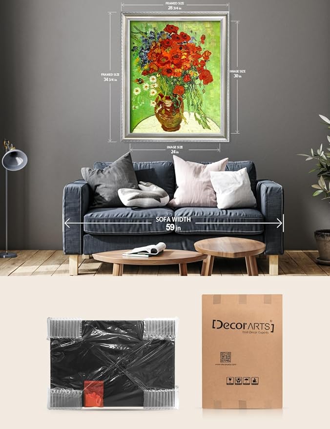 DECORARTS - Red Poppies and Daisies by Vincent van Gogh, Museum-Quality Giclee Canvas Print with Silver Solid Wood Frame, 34.75 x 28.75 in, Ready to Hang, Made in USA
