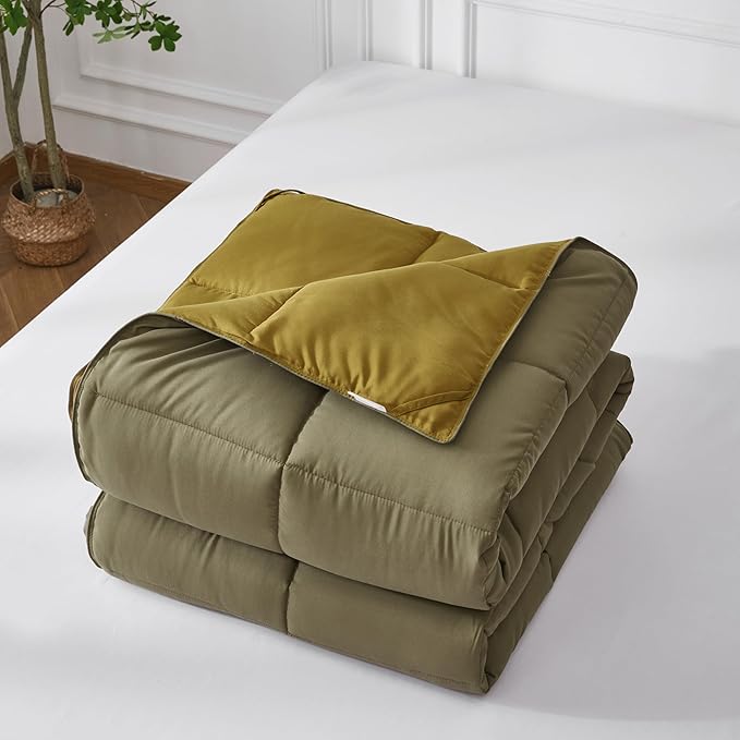 HIG 3pc Dark Olive King Size Comforter Set - All Season Reversible Down Alternative Comforter with Two Shams - Quilted Duvet Insert with Corner Tabs - Box Stitched Blanket - Breathable, Soft, Fluffy