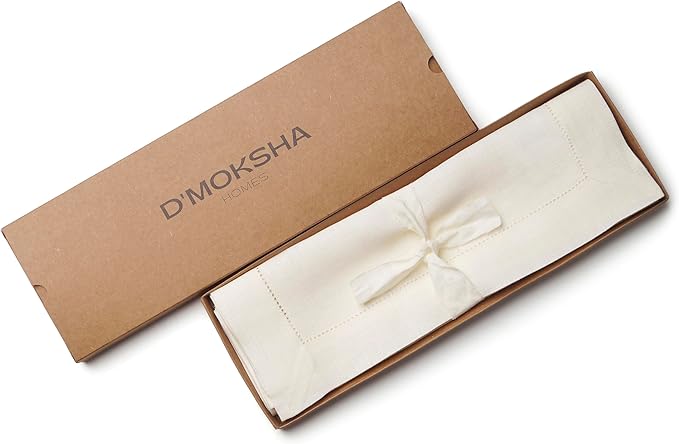 D'Moksha Homes Linen Placemats Set of 8 - Classic Hemstitch Ivory Placemats 14 x 19 Inch - 100% Pure Linen Table Mats for Fall, Autumn and Halloween - Handcrafted and Machine Washable