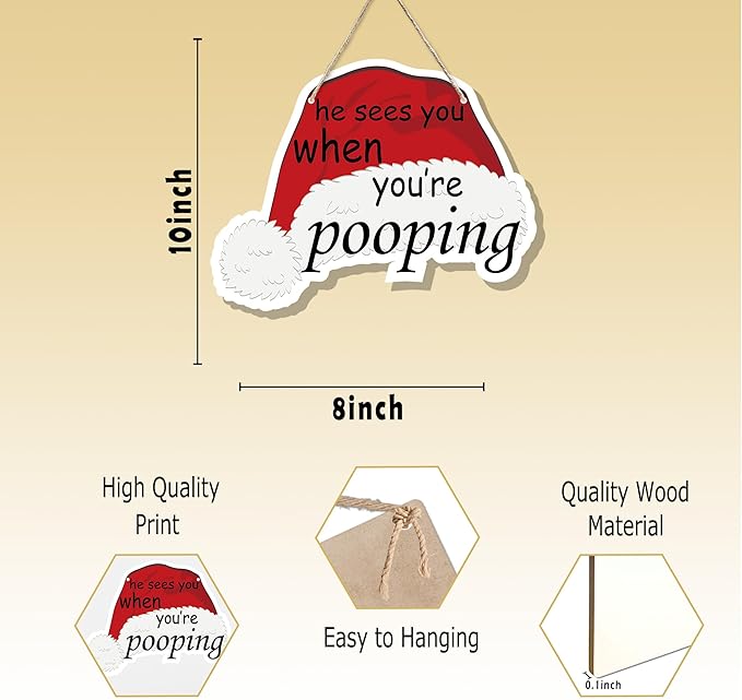 Funny Christmas Wooden Sign, Novelty Humor Xmas Hanging Sign Wall Decor for Guest Bathroom Toilet, Christmas Bathroom Home Door Decor 12 x 6 Inch