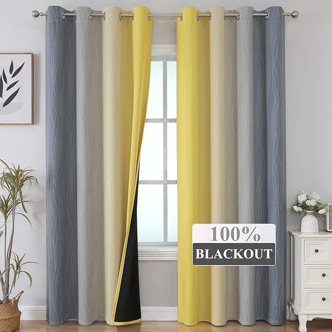 Estelar Textiler Yellow and Grey Blackout Curtains 108 Inches Long, Thermal Insulated Drapes for Bedroom, Full Light Blocking Energy Saving Long Curtains for Living Room, 52Wx108L, 2 Panels