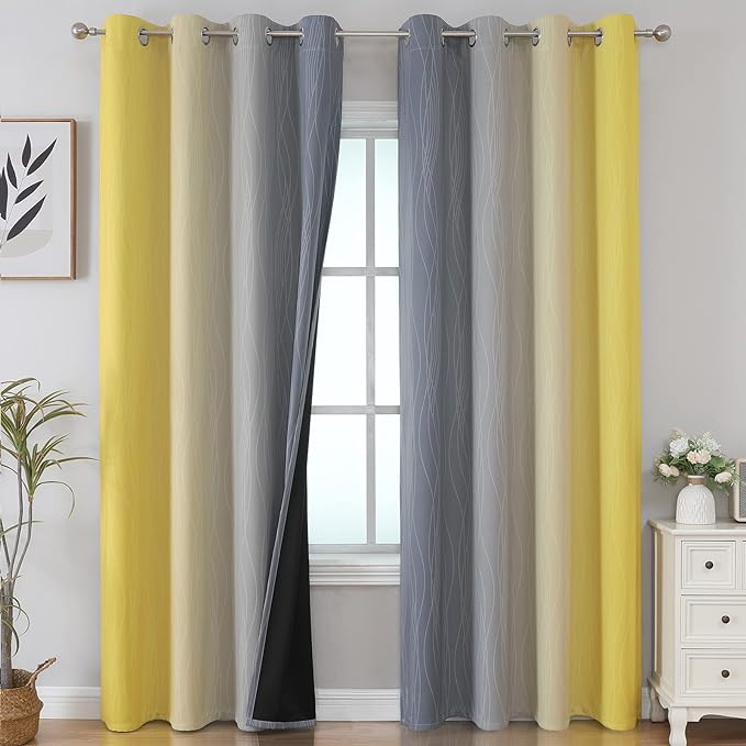 Estelar Textiler Yellow and Gray Blackout Curtains 96 Inches Long, Ombre Thermal Insulated Gradient Window Drapes for Bedroom, Full Light Blocking Curtains for Living Room,52x96 Inch, 2 Panels
