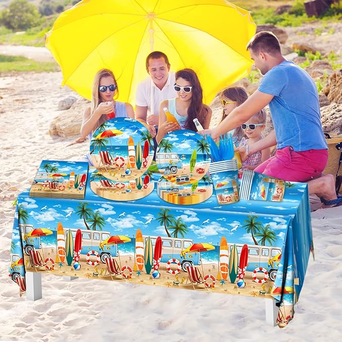 Beach Birthday Party Supplies - 142PCS Hawaiian Pool Party Decoration Including Beach Dinner Plates,Tablecloth for Summer Beach Tropical Baby Shower Birthday Decoration