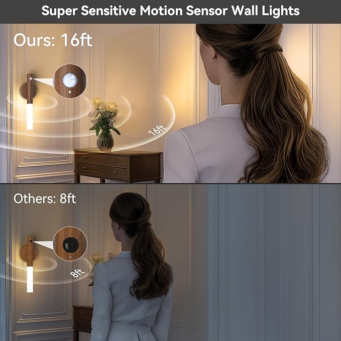 Wooden Motion Sensor Lights Indoor - Magnet Body Hallway Rechargeable LED Wireless Battery Operated Wall Sconce, Portable Decor Torch Night Lighting for Bedroom (Walnut Wood 2PCS)