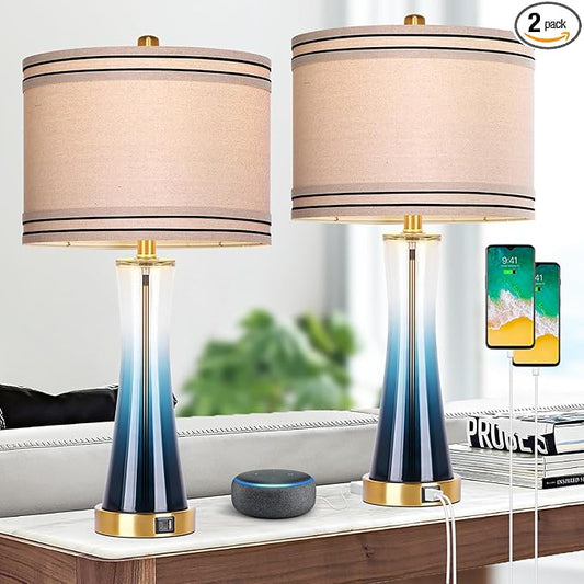 27.4''Table Lamps for Living Room Set of 2,3-Way Dimmable Modern Glass Bedside Lamps with USB Ports,Tall Lamps for Night Stands,Touch End Table Lamps for Bedroom Desk Lamps for Home Office(Blue)