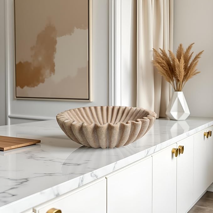 10" Large Decorative Bowl decor, Scalloped Bowls for Modern Home Decor,Ruffle Decor,Stylish Key Bowl for Entry Table,Decorative Fruit Bowl for Kitchen Counter,Artificial Stone Beige