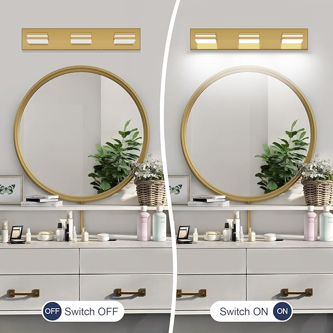 SineRise LED Modern Bathroom Vanity Light Fixtures (3-Light, 24-Inch), Brass Modern Acrylic Bathroom Wall Lighting Fixtures Over Mirror (Cool White 6000K)