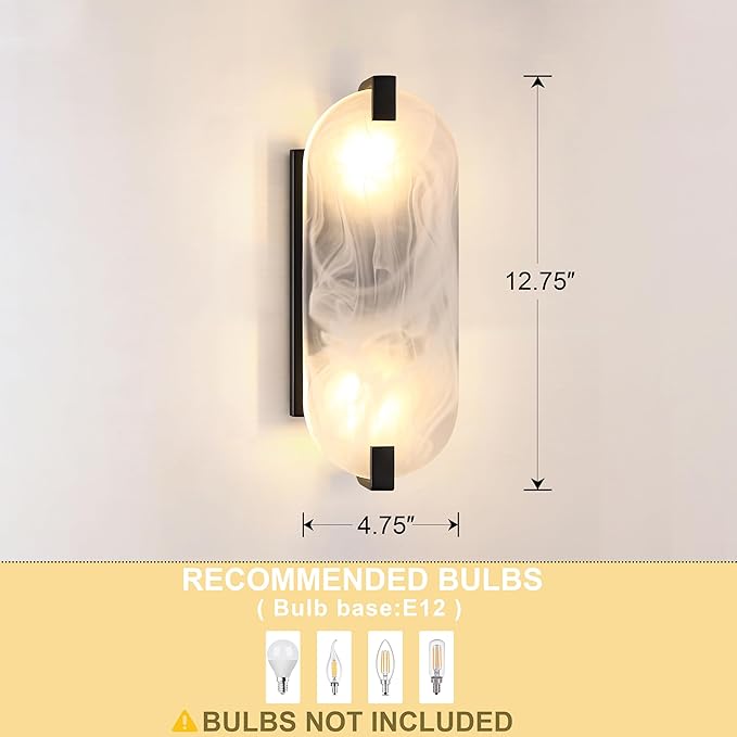 2 Pack 2 Light Oval Frosted Glass Bathroom Wall Sconce Modern Concise Style Wall Light Fixture,Black Finish for Bedroom Hallway Bedside