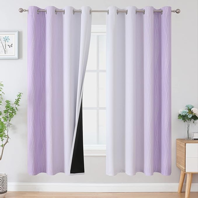 Estelar Textiler Lilac and Greyish White Gradient Blackout Curtains for Bedroom, Thermal Insulated Ombre Blackout Drapes, Room Darkening Energy Saving Curtains for Living Room,52Wx72L,2 Panels