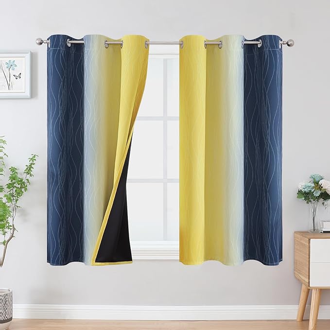 Estelar Textiler Navy Blue and Yellow Ombre Blackout Curtains 45 Inch Length 2 Panels, Full Room Darkening Gradient Drapes for Kitchen, Thermal Insulated Grommet Short Curtains for Bathroom,42Wx45L