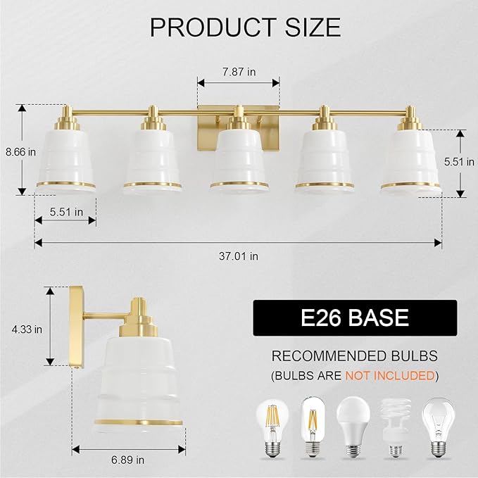 Gold Bathroom Vanity Light Fixture, 5 Light Bathroom Light Fixtures Over Mirror with Milky White Glass and Metal Base Wall Sconce, 37 inch Modern Vanity Light for Bathroom(Exclude E26 Bulb)