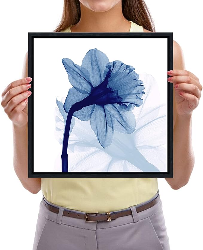 Pyradecor Black Framed Canvas Wall Art One Panel Blue Flickering Flower Modern Grace Floral Pictures Paintings for Bedroom Office Home Decorations