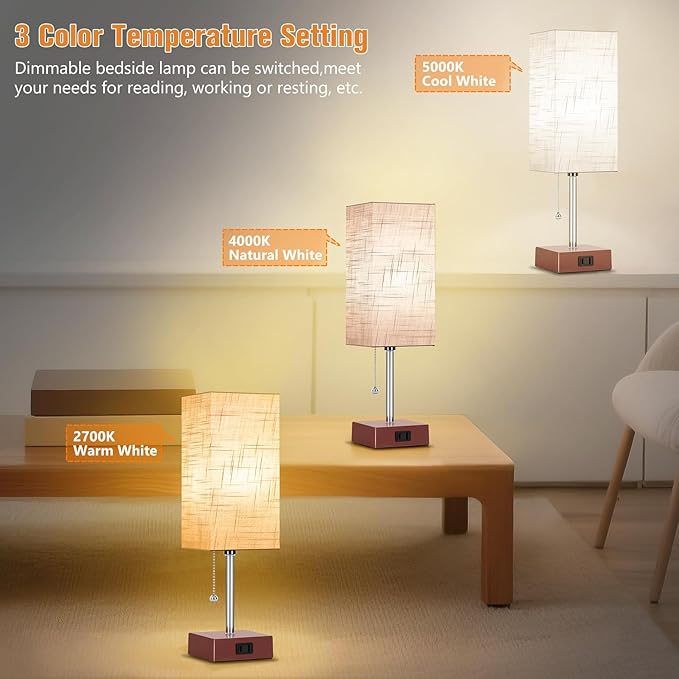 Bedside Table Lamp for Bedroom Nightstand, 3 Color Pull Chain Nightstand Lamps Set of 2 with AC Outlets, Square Gray Lampshade Bedside Lamp for Living Room, Office Desk, LED Bulb Included