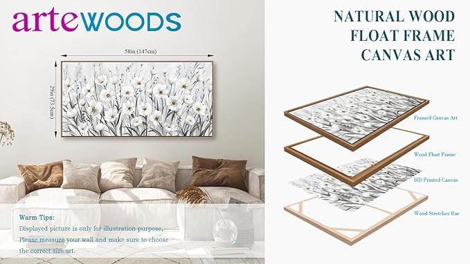 arteWOODS Flowers Framed Wall Art - Grey White Wildflowers Canvas Pictures Wall Decor Botanical Painting Artwork Elegant Floral Prints for Living Room Bedroom Home Decor 58 x 29in Natural Wood Frame