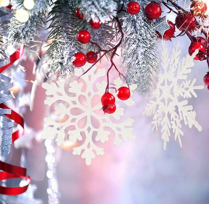 12pcs Large Christmas Snowflakes Decorations, 12" Big Plastic Glitter White Snowflake Ornaments for Winter Indoor Outdoor Christmas Tree Holiday Window Room Decor Craft Snowflakes