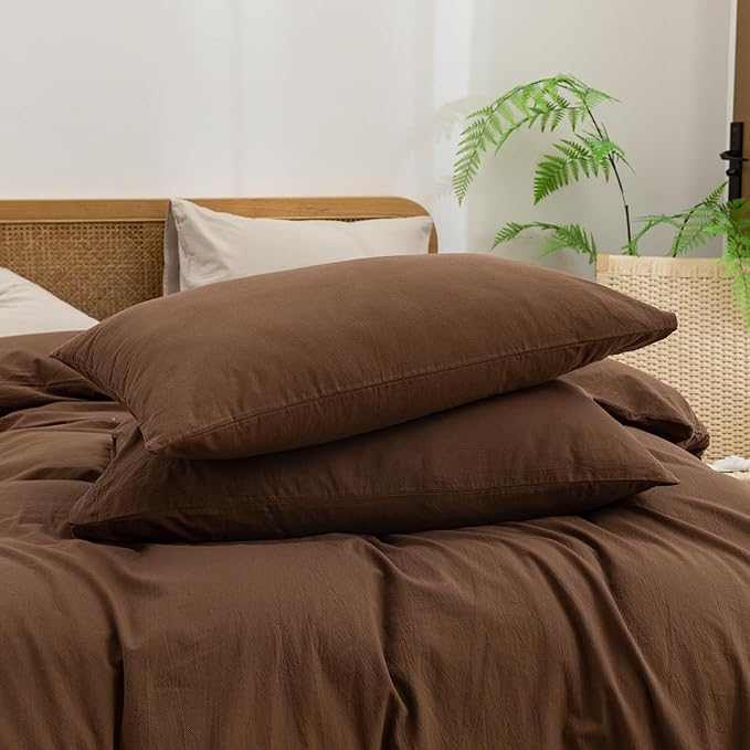 BESTOUCH Duvet Cover Set 100% Washed Cotton Linen Feel Super Soft Comfortable Chic Lightweight 3 PCs Home Bedding Set Solid Cocoa Brown Oversized Full