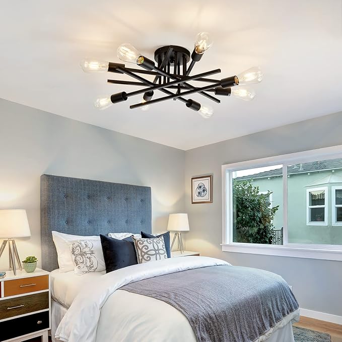 ASGYISA 8-Lights Semi Flush Mount Ceiling Light Fixture,Modern Black Vintage Metal Sputnik Chandelier, Ceiling Lamp for Bedroom Kitchen Dining Room Living Room with E26 Bulb Base