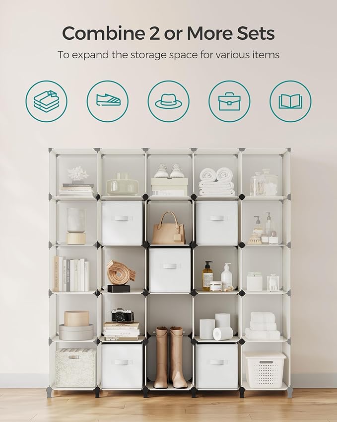 SONGMICS Cube Storage Organizer with Storage Boxes, Set of 12-Cube Organizer, 12 Collapsible Non-Woven Fabric Bins, Customizable, Space-Saving, Bedroom, Cloud White ULPC122W01