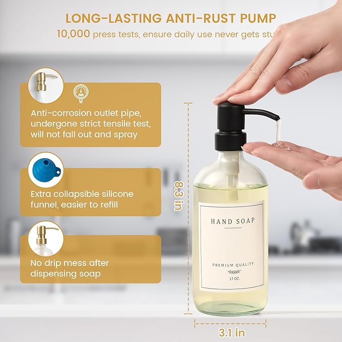 Glass Soap Dispenser for Kitchen Sink,Farmhouse Dish Soap Dispenser&Hand Soap Dispenser Set,Rustproof Pump Lotion Dispenser Bathroom with Tray,Waterproof Label for Kitchen Decor(Clear