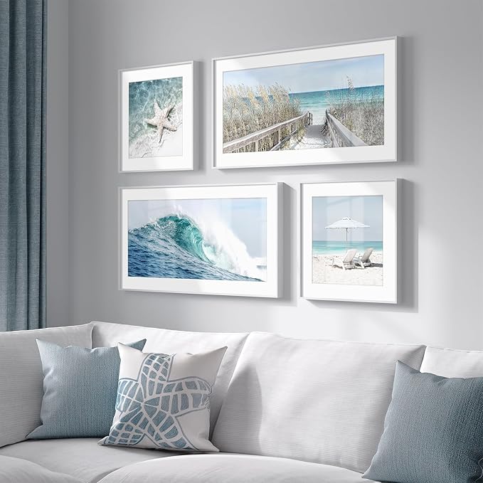 Framed Coastal Wall Art for Living Room, 4 Piece Beach Surf Ocean Artwork for Walls, Large Starfish Reed Seascape Pictures Prints, Beach Coastal Summer Wall Decor for Bedroom Bathroom, Overall 36"x24"